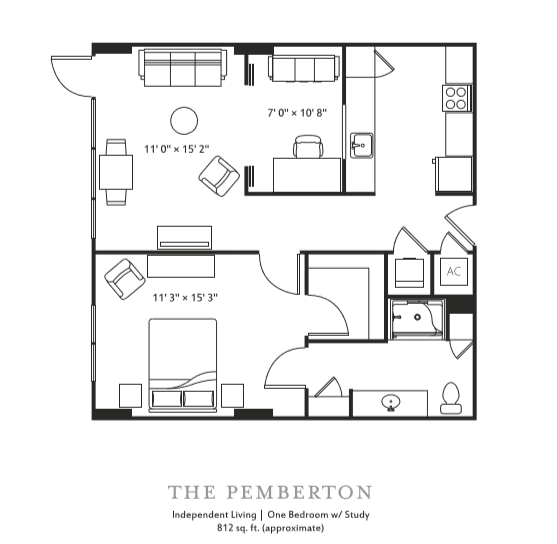 The Pemberton apartment floor plan featuring one bedroom and study, totaling 870 sq. ft.