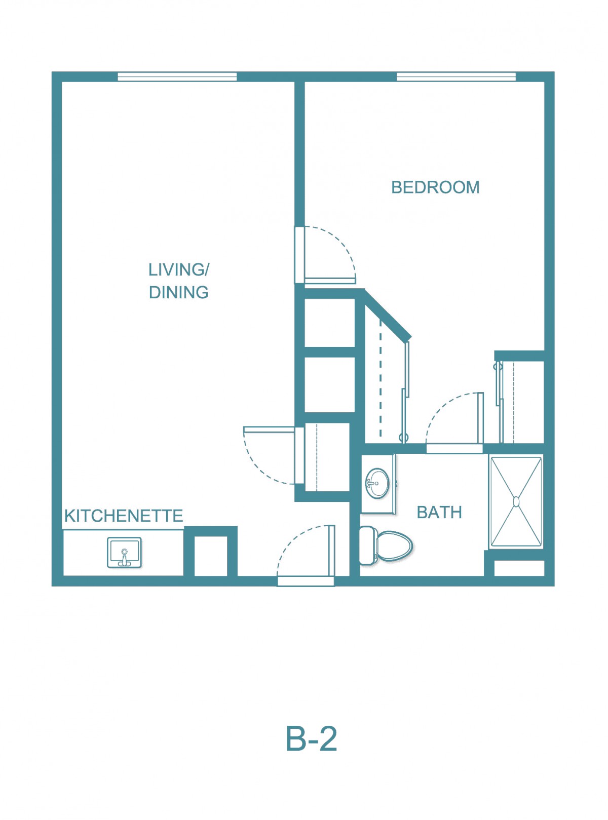 A floor plan of a one-bedroom apartment with a kitchenette, living/dining area, and bathroom.
