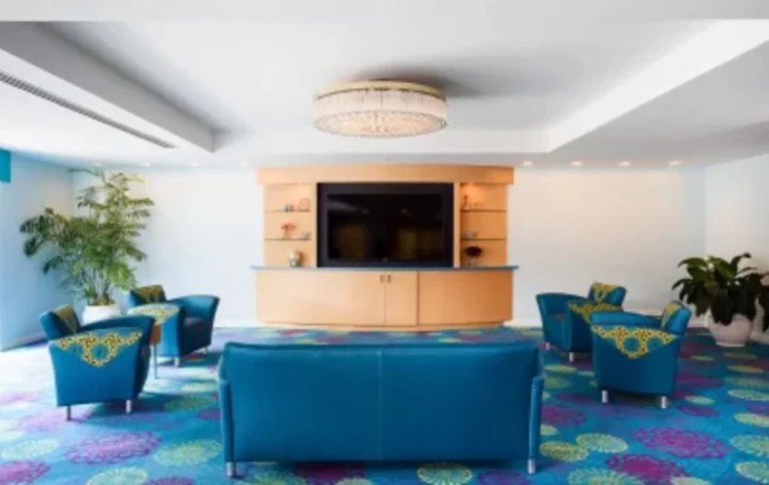 A modern lounge area with blue seating, a large television, and a colorful carpet.