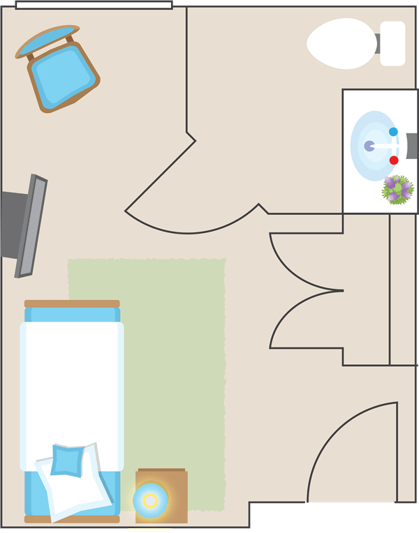 A simple floor plan showing the layout of a bedroom with furniture and adjoining bathroom.