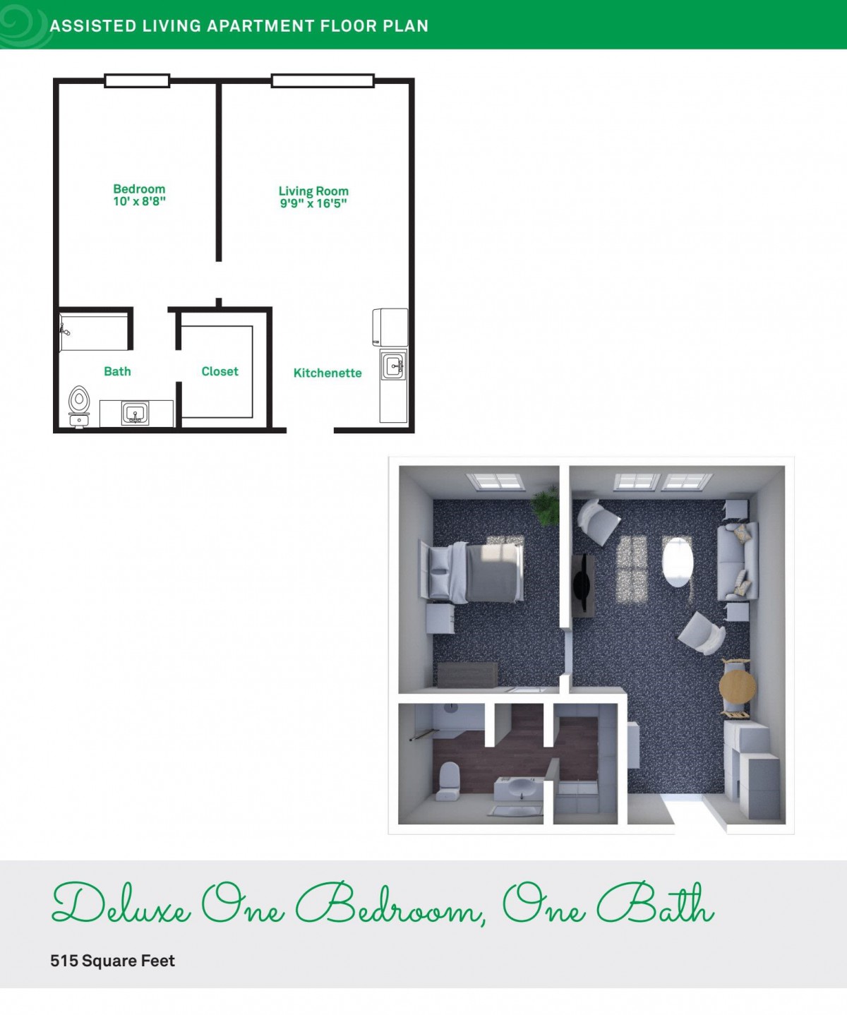Deluxe One Bedroom, One Bath Apartment Floor Plan