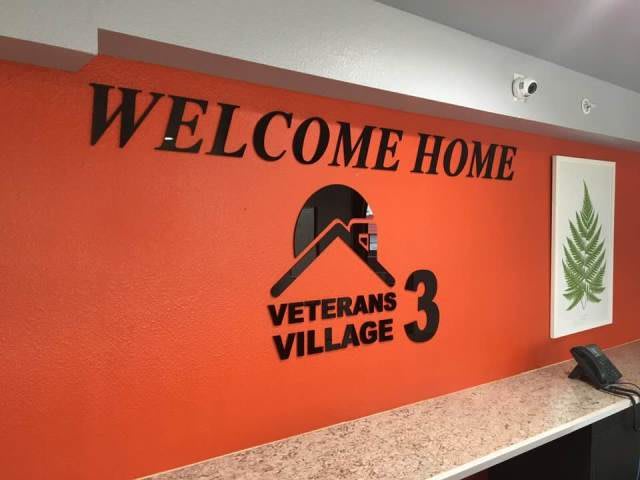 Welcome sign at Veterans Village 3.
