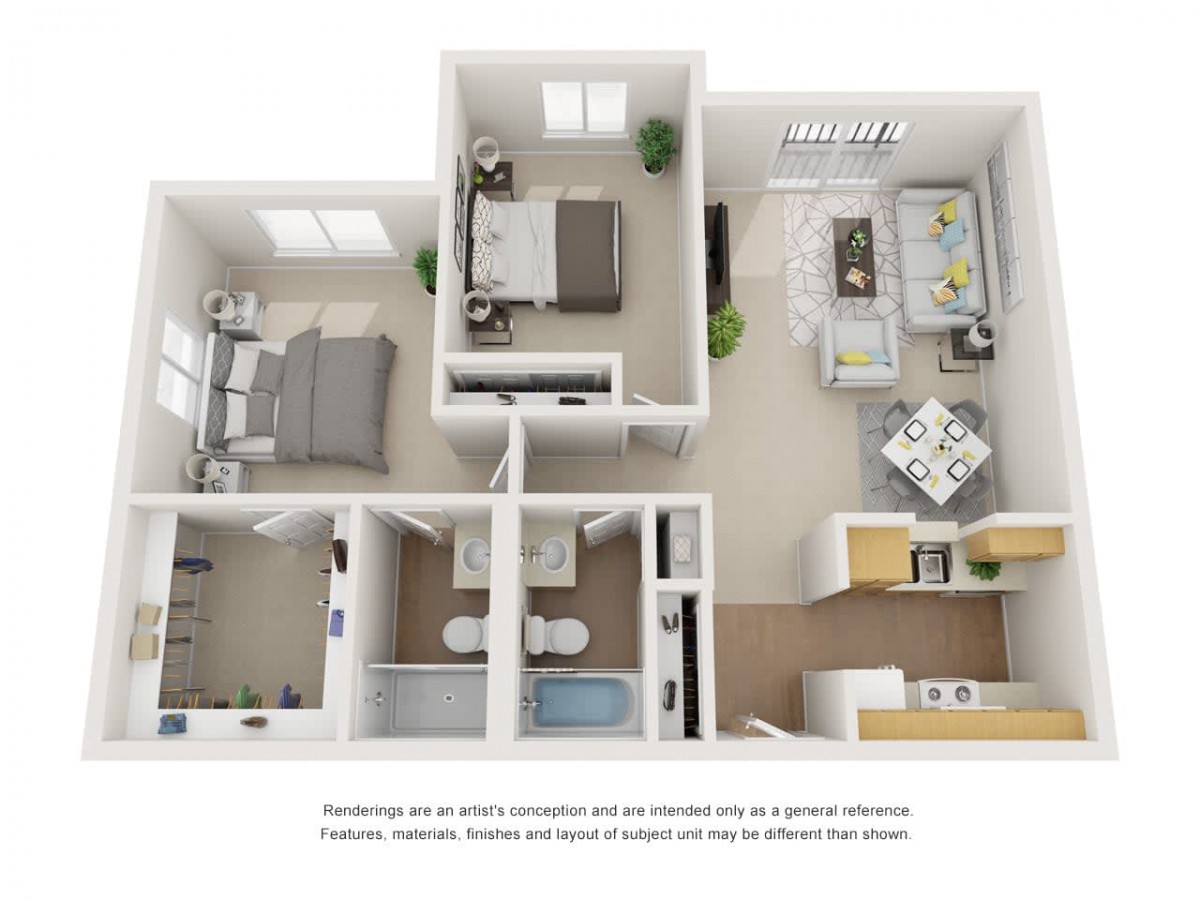A detailed floor plan of a two-bedroom apartment featuring a living room, kitchen, and bathroom.