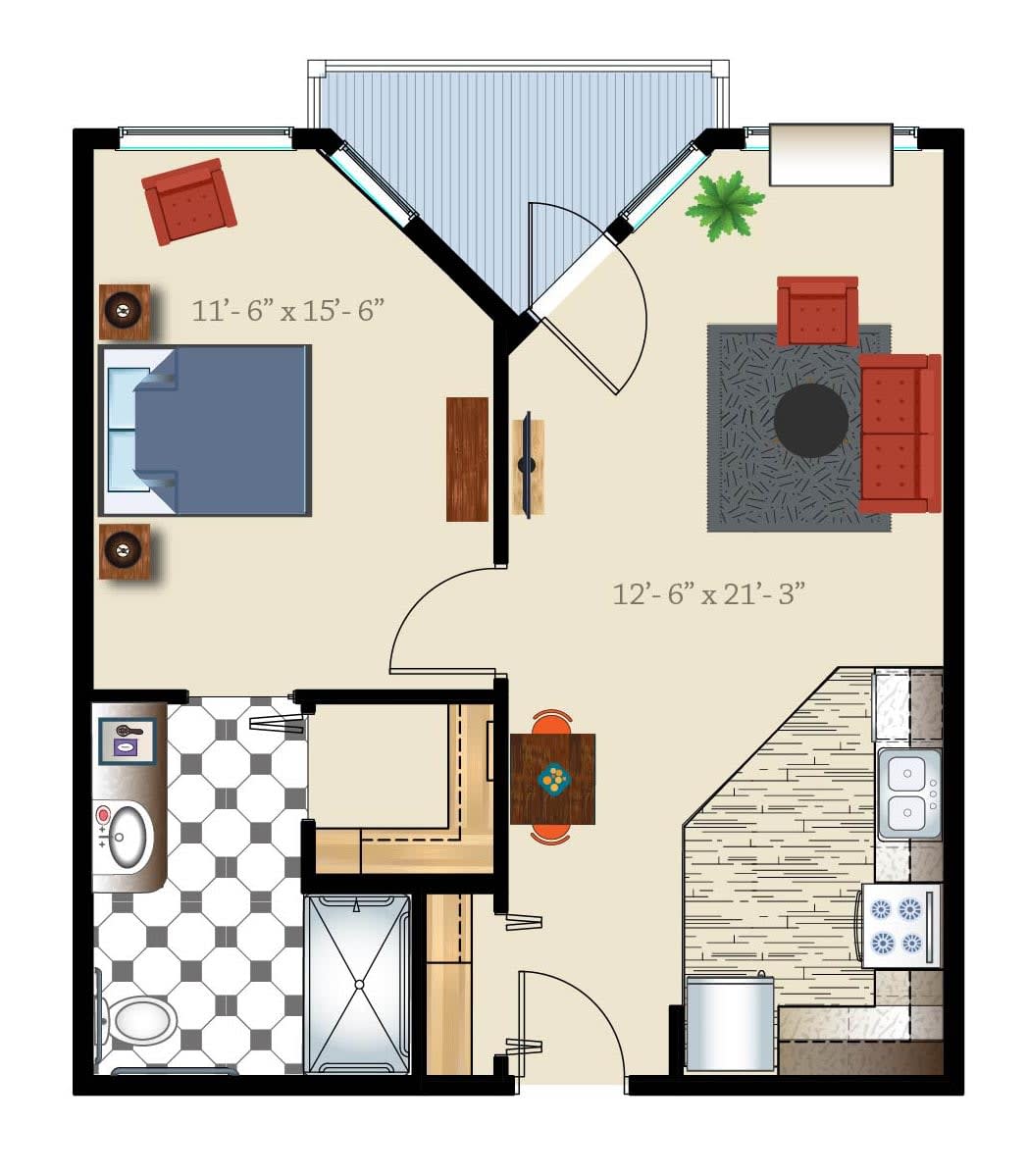 A detailed floor plan of a one-bedroom apartment including a living room, kitchen, and bathroom.