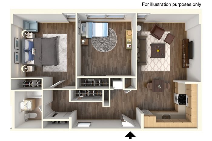 A 3D rendered floor plan of a two-bedroom apartment with an open living area and kitchen.