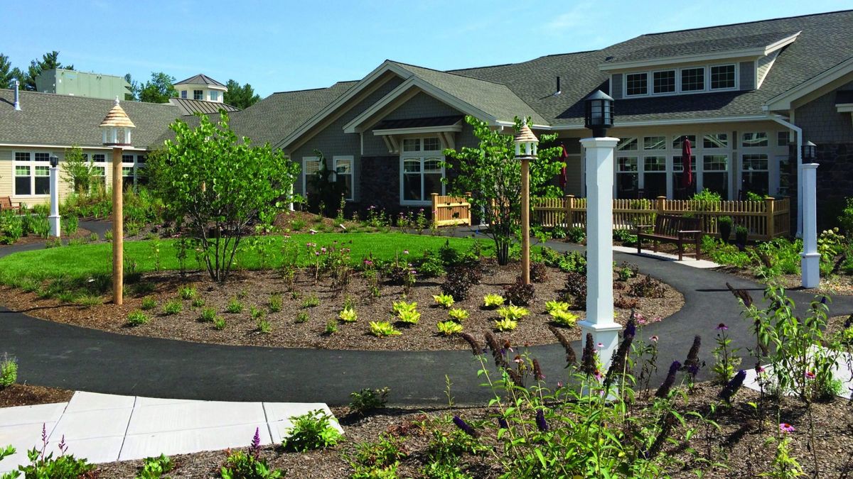 A well-maintained garden with a pathway leading to a house.