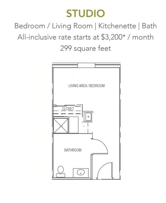 Studio apartment floor plan with bedroom, living room, kitchenette, and bath.