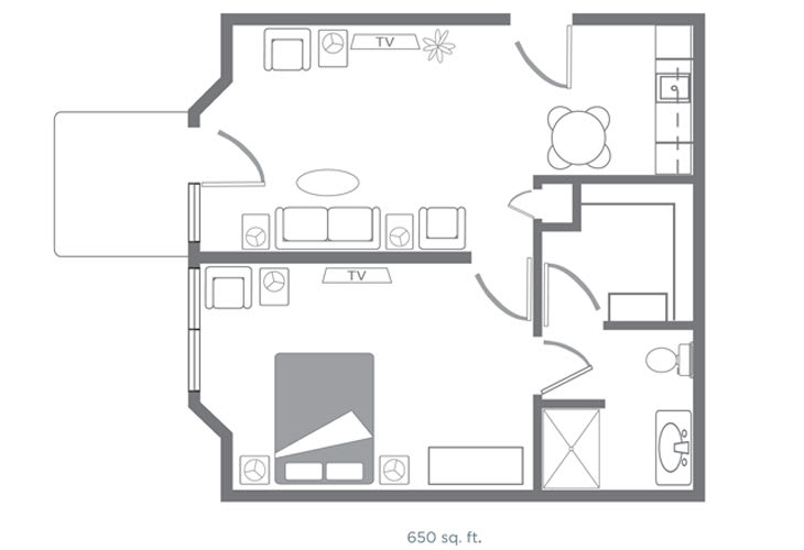 A schematic floor plan of an apartment layout featuring rooms and furniture arrangement.