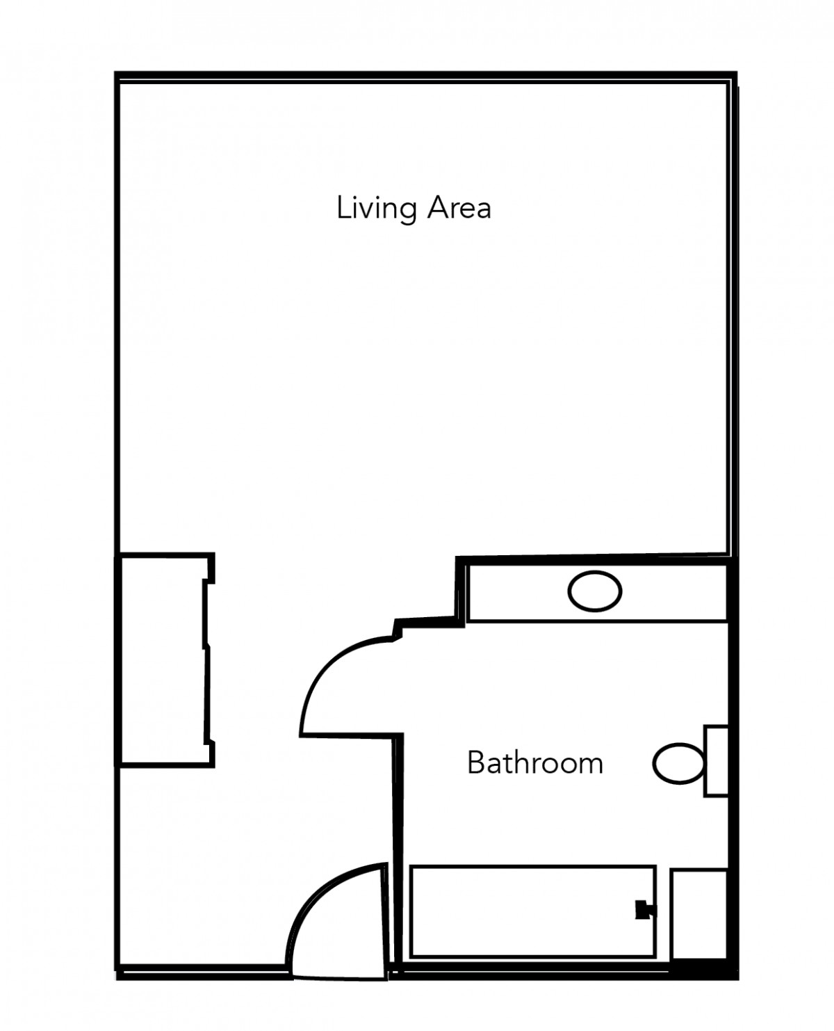 A simple floor plan showing a living area and bathroom layout.