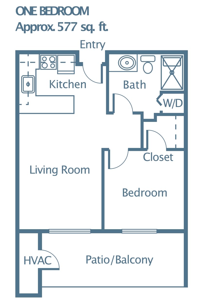 One-bedroom apartment floor plan with living room, kitchen, bathroom, closet, and patio/balcony.