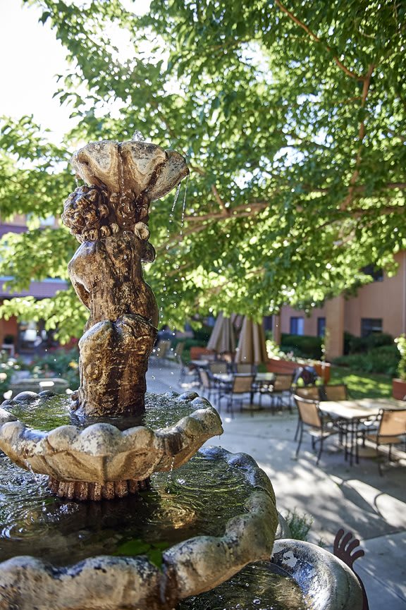 A serene outdoor patio area with a decorative fountain surrounded by tables and chairs, shaded by leafy trees.