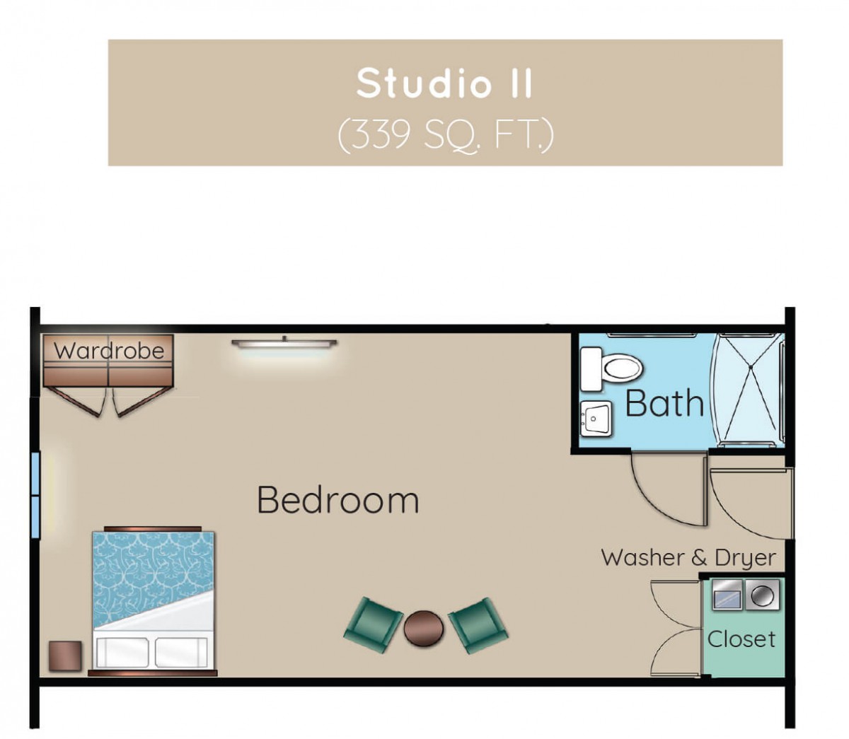 Studio apartment floor plan with bedroom and bathroom layout.