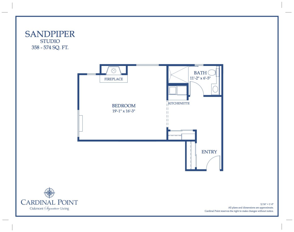 Floor plan of a studio apartment with designated areas for the kitchen, bathroom, and bedroom.