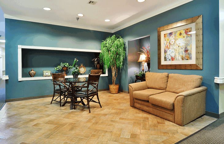 A cozy living area featuring a sofa, dining table, indoor plants, and artwork on the wall.