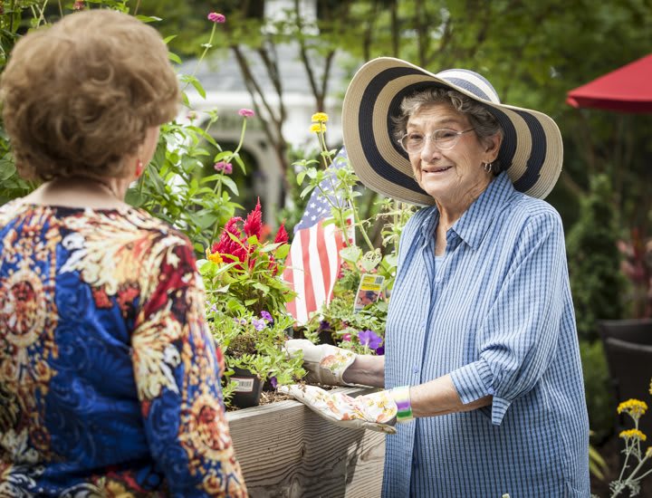 Two elderly women engage in conversation while gardening outdoors, with vibrant flowers and an American flag in the background.