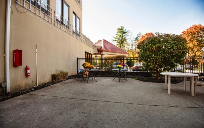 An outdoor patio area with tables, chairs, and a large umbrella, surrounded by potted plants next to a building.