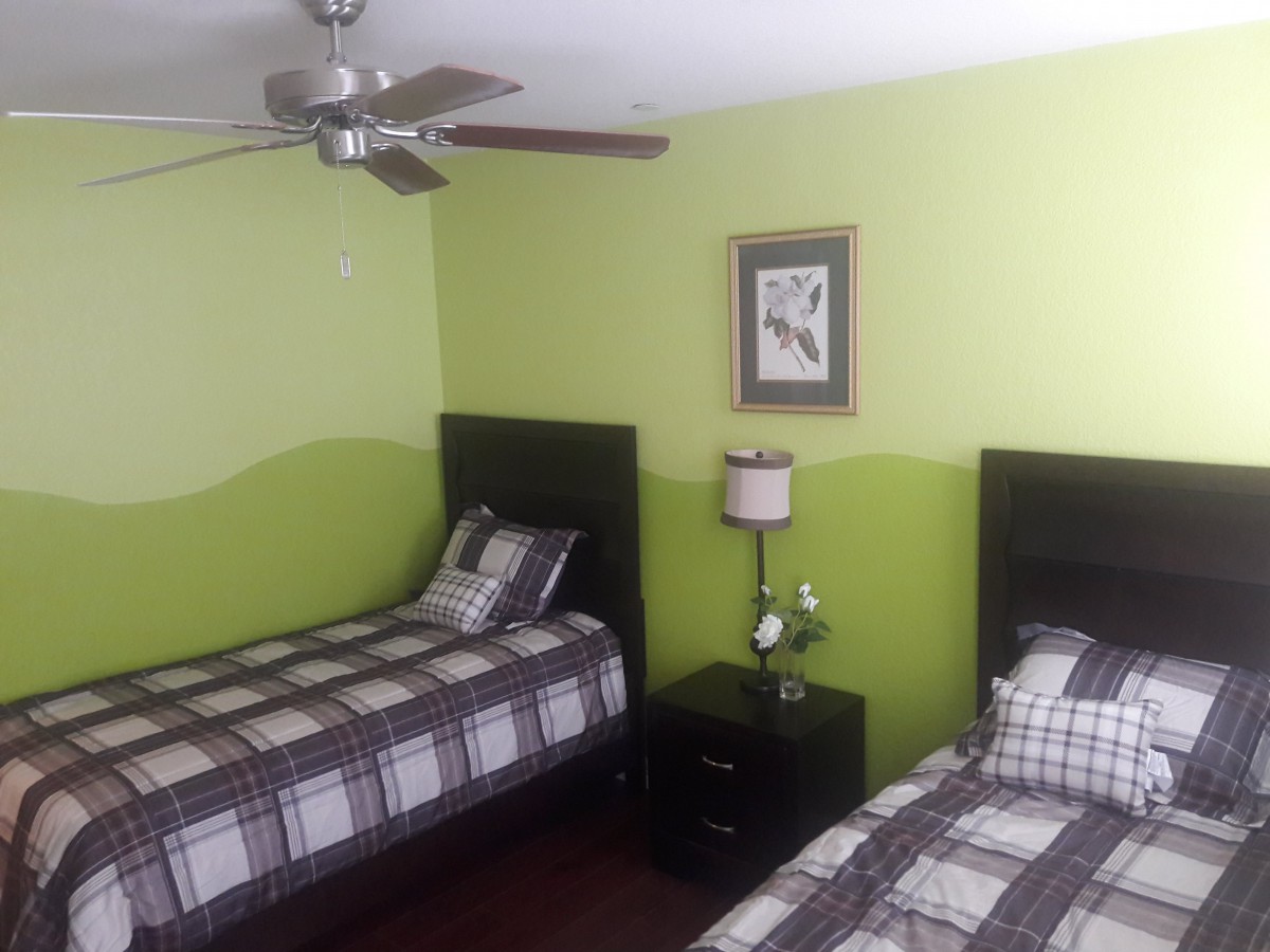 A bedroom with two twin beds, green walls, and a ceiling fan.