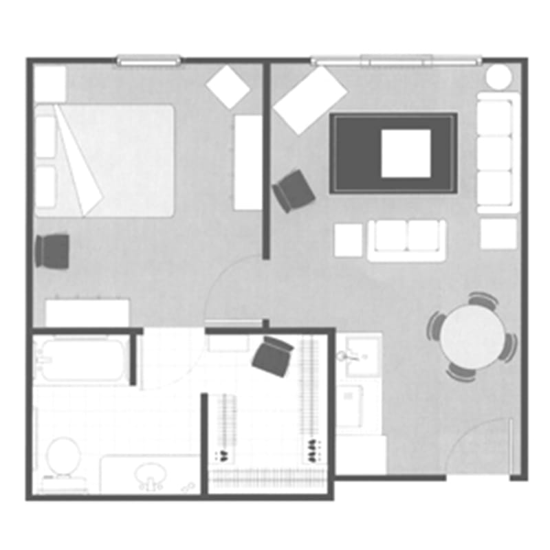 A simple one-bedroom apartment floor plan with a living room, kitchen, and bathroom.