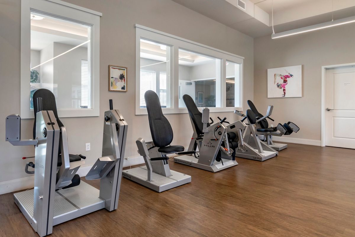 A modern gym with exercise machines lined up against the wall.