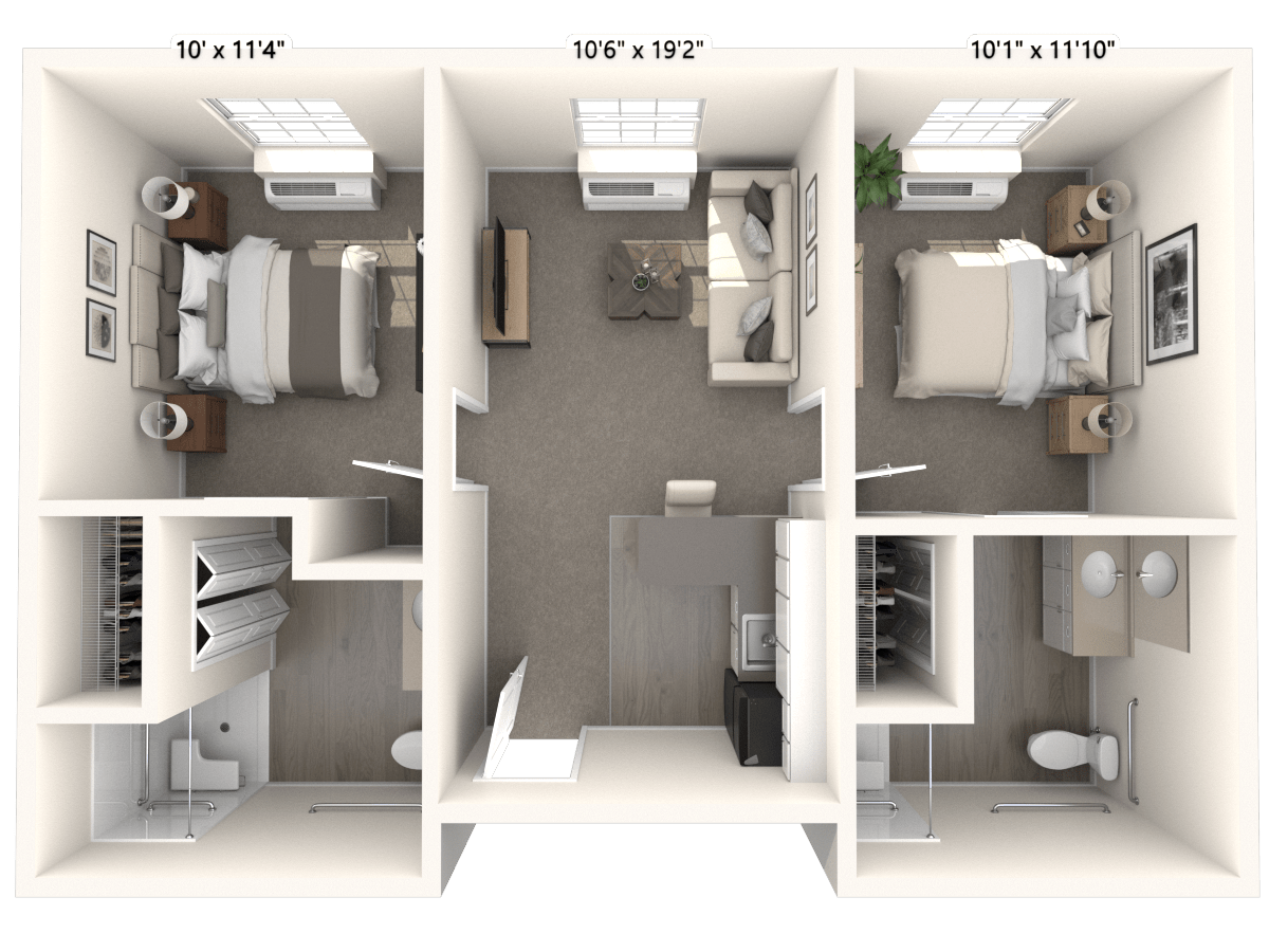 3D floor plan of a two-bedroom apartment with common living area and two bathrooms.