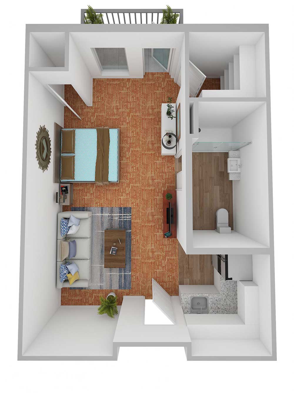 A 3D floor plan of a small apartment showcasing the layout of various rooms including a bedroom, living area, kitchen, and bathroom.
