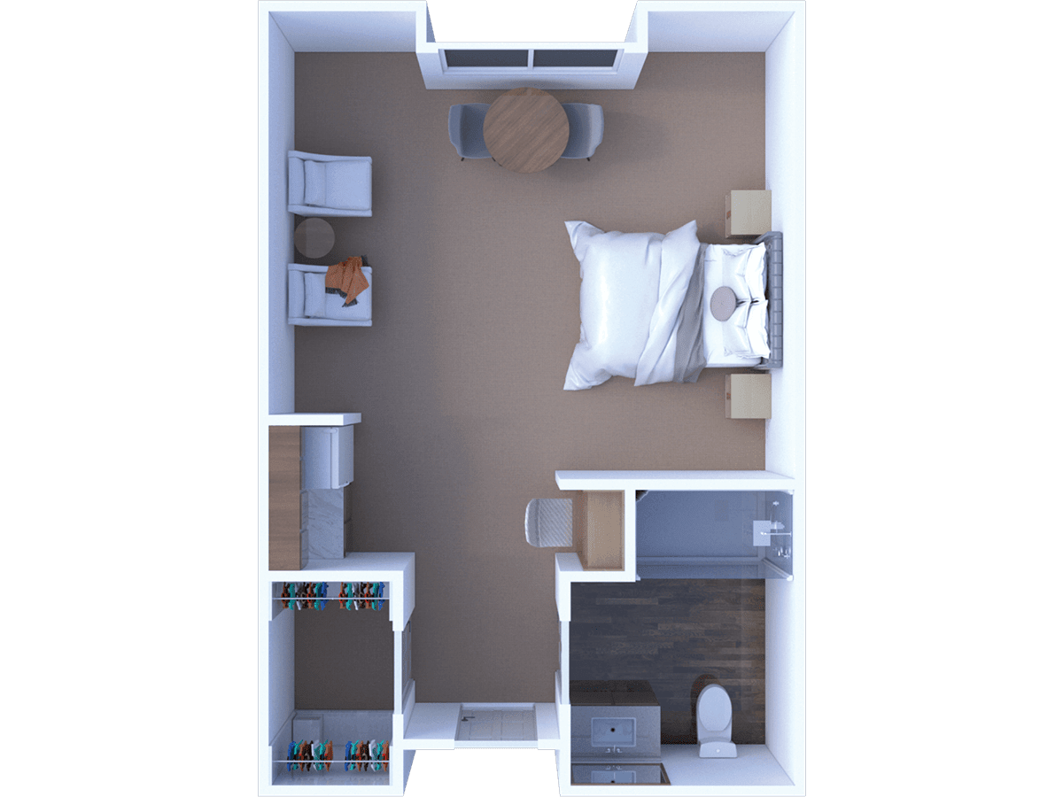 A detailed floor plan of a compact bedroom with a bed, desk, and attached bathroom.