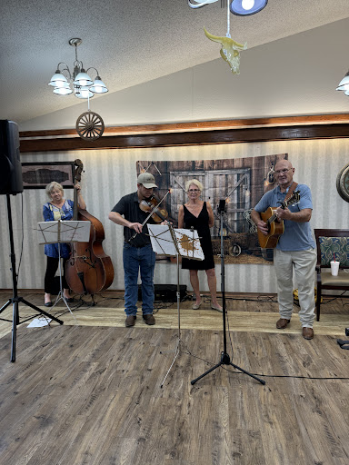 A lively performance by a local band featuring guitar, violin, and double bass.
