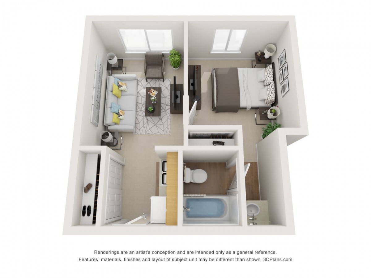 A 3D floor plan of a one-bedroom apartment featuring a living room, bedroom, kitchen, and bathroom.