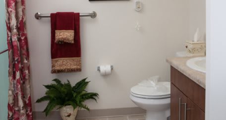 A neatly decorated bathroom with a toilet, red towel, and potted plant.