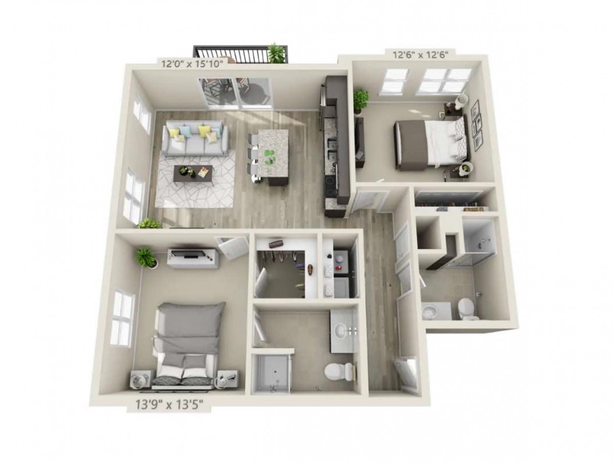 A 3D floor plan of a two-bedroom apartment with an open living area, kitchen, and multiple windows.