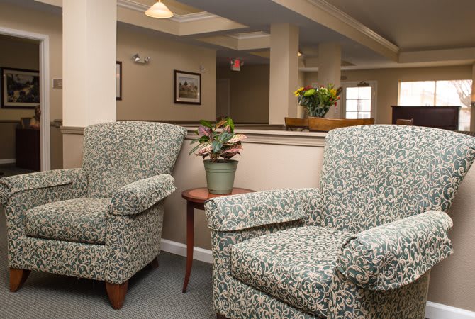 Comfortable seating area with patterned chairs and potted plants.