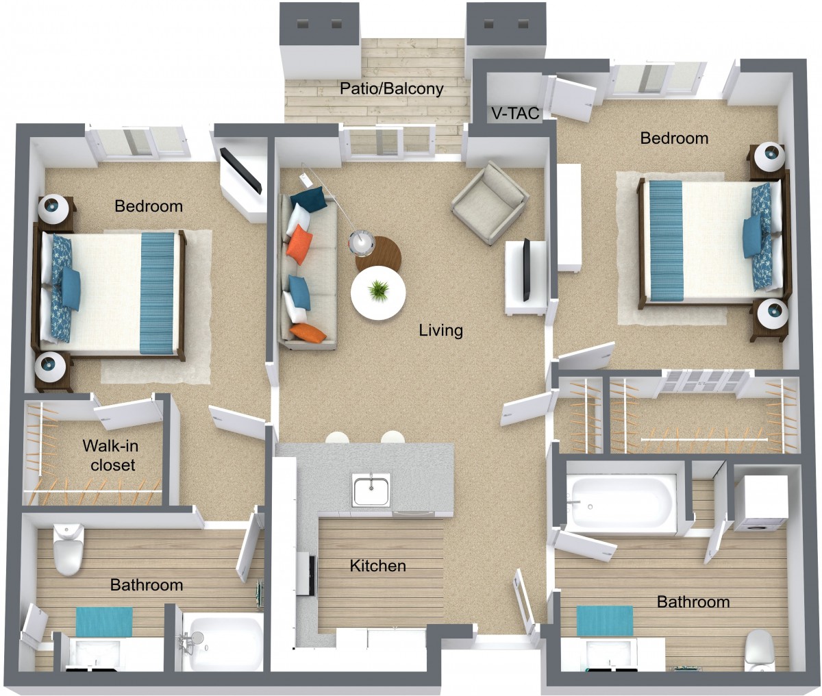 A 3D floor plan of an apartment featuring two bedrooms, a living room, kitchen, and two bathrooms.