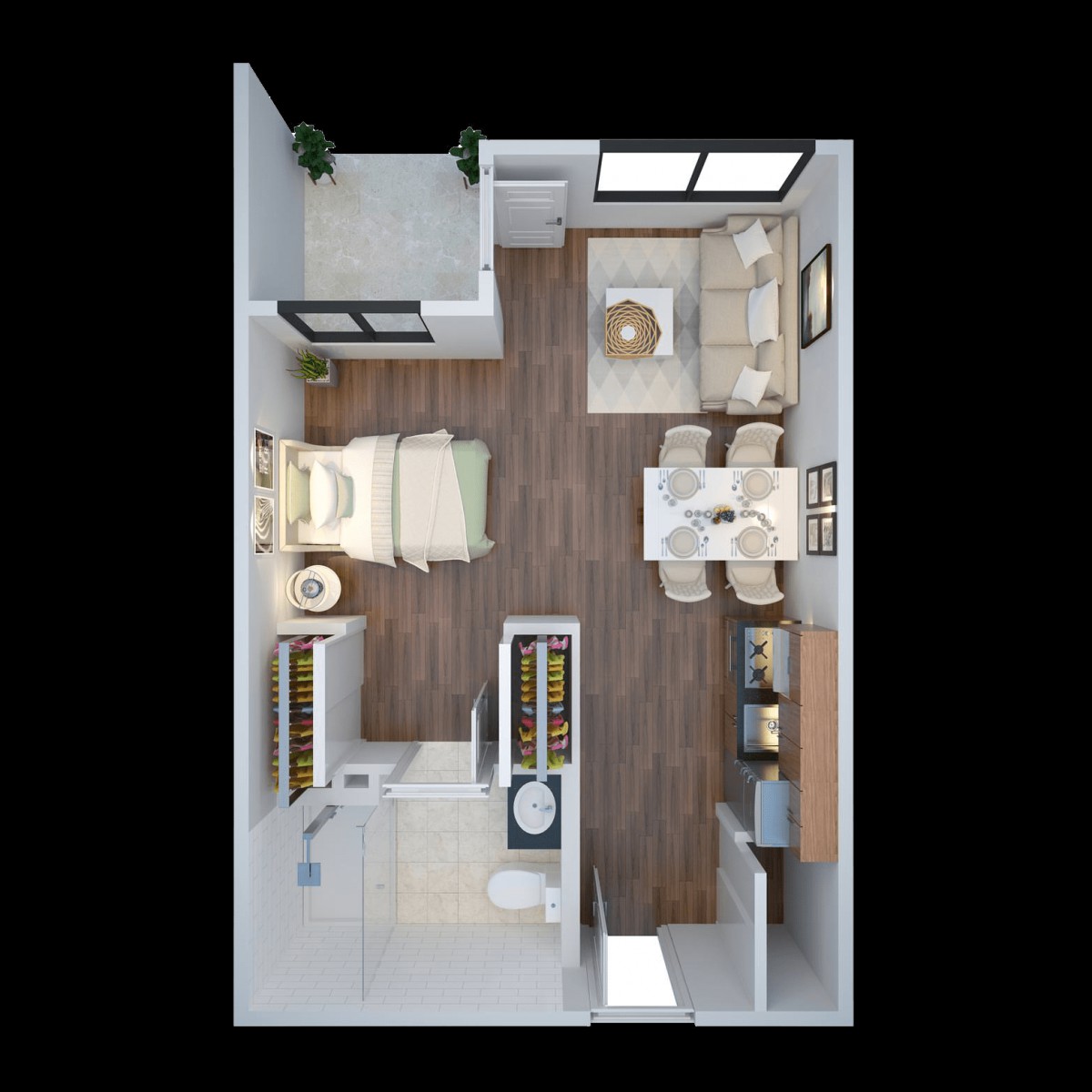 A top-view floor plan of a one-bedroom apartment with a living room, kitchen, and bathroom.