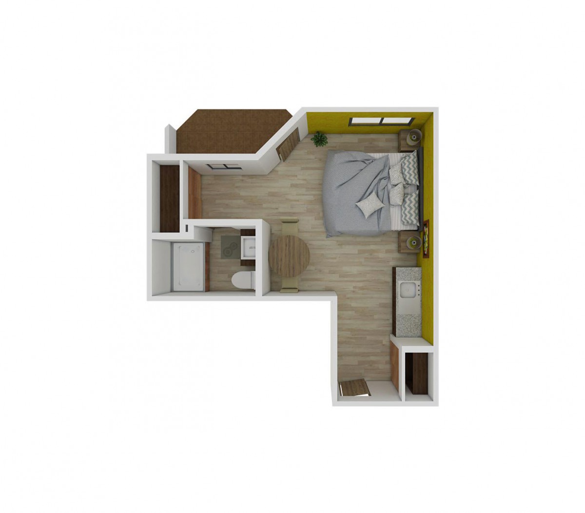 A compact L-shaped apartment floor plan featuring a cozy bedroom and kitchen area.