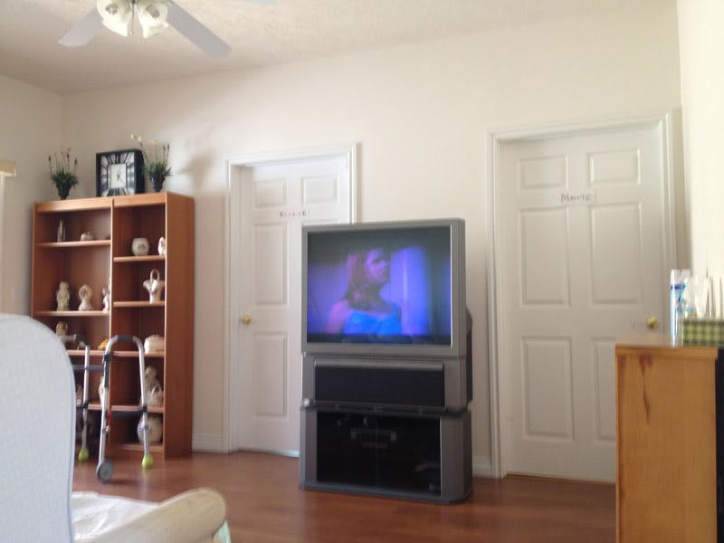 A living room with a large television, bookshelf, and wooden flooring.