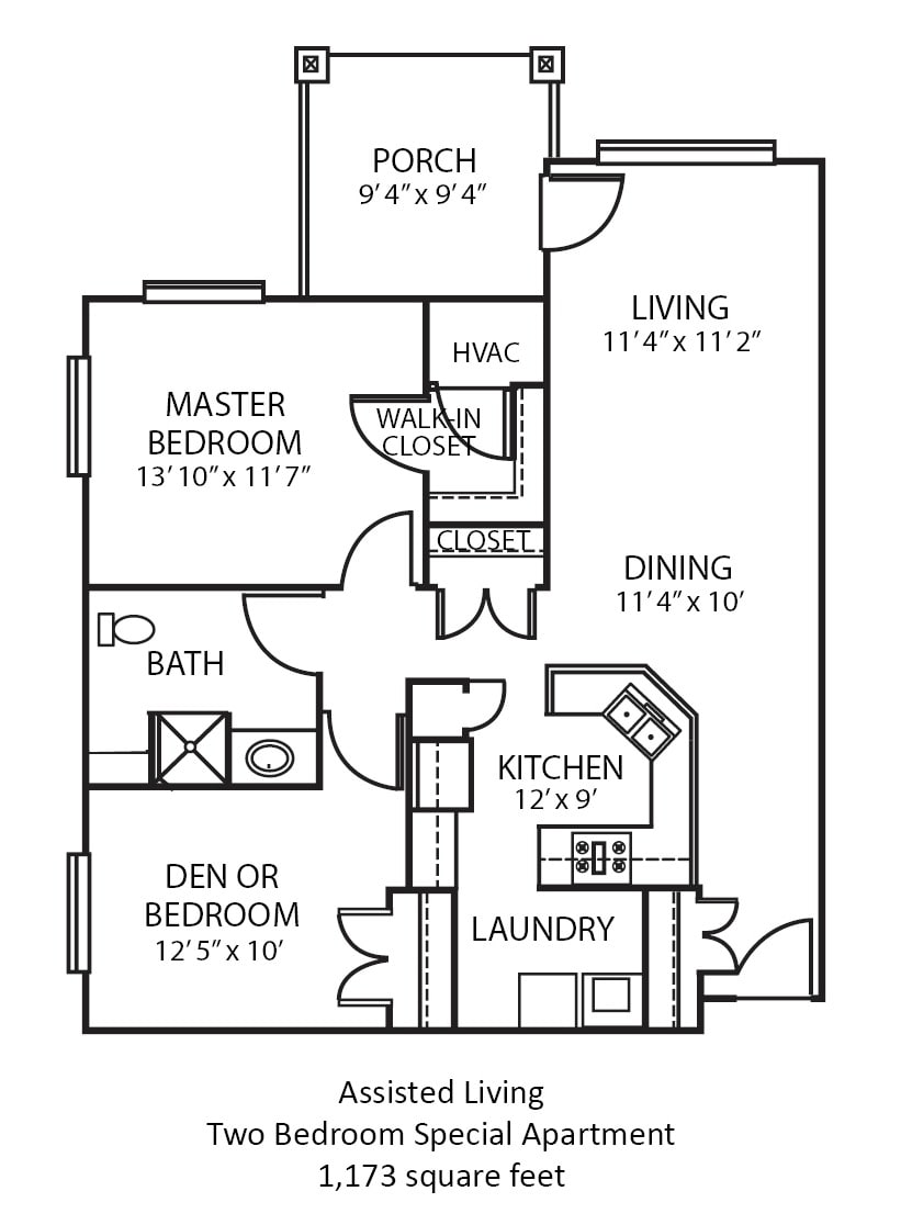 A detailed floor plan of a residential apartment featuring a master bedroom, additional bedroom or den, living area, dining area, kitchen, bathroom, laundry room, storage space, and porch.