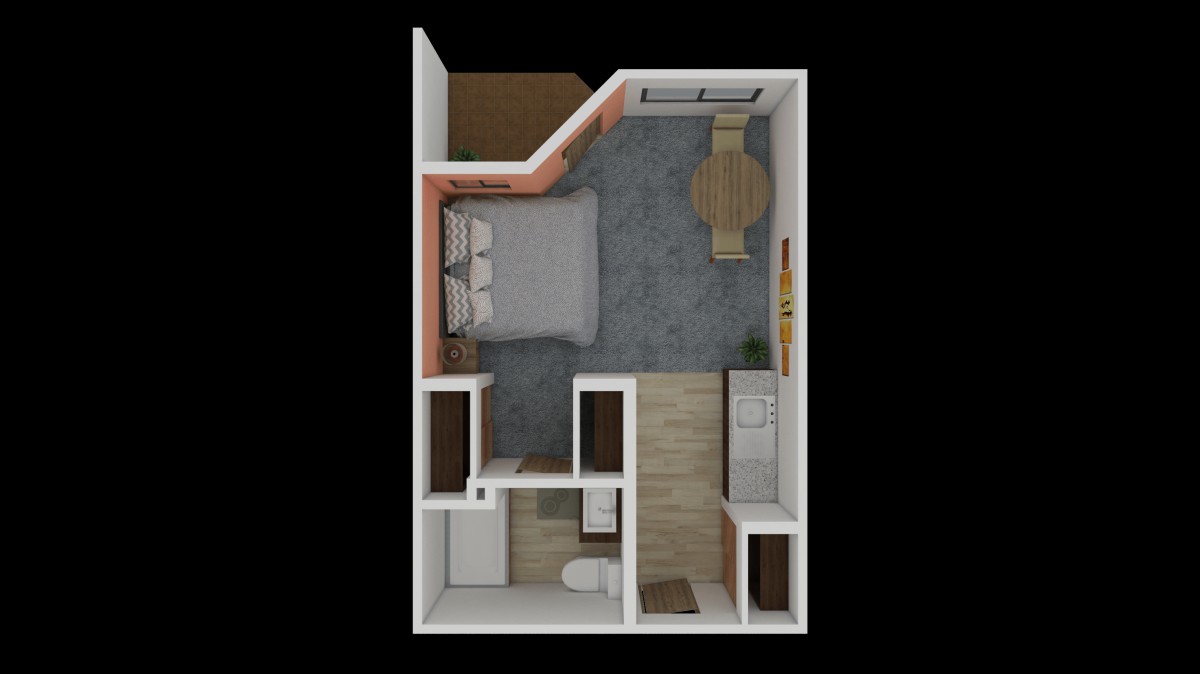 A compact studio apartment floor plan featuring a bedroom, kitchen area, and bathroom.