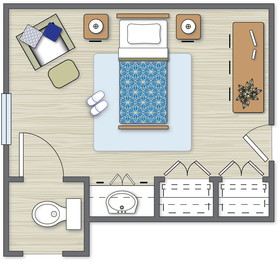 A floor plan of a bedroom featuring a bed, two nightstands, an armchair, and a bathroom.