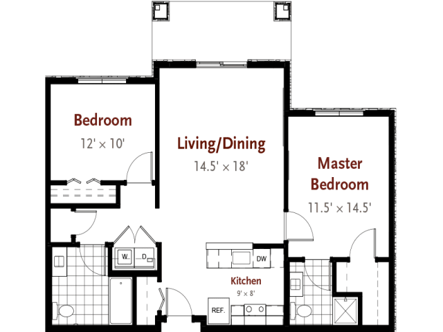 An architectural floor plan showcasing a two-bedroom apartment layout with specified room dimensions.