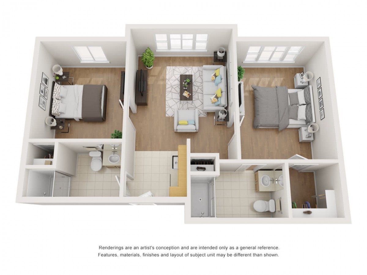 A 3D floor plan of a two-bedroom apartment featuring a cozy living area, kitchen, and two bathrooms.