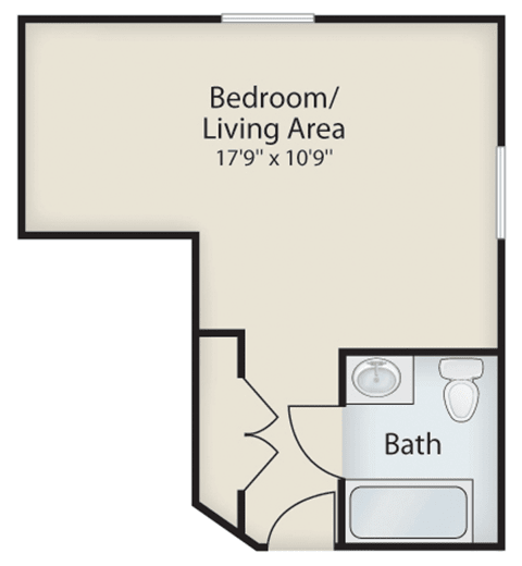 A floor plan of a studio apartment with a combined bedroom and living area, including a bathroom.