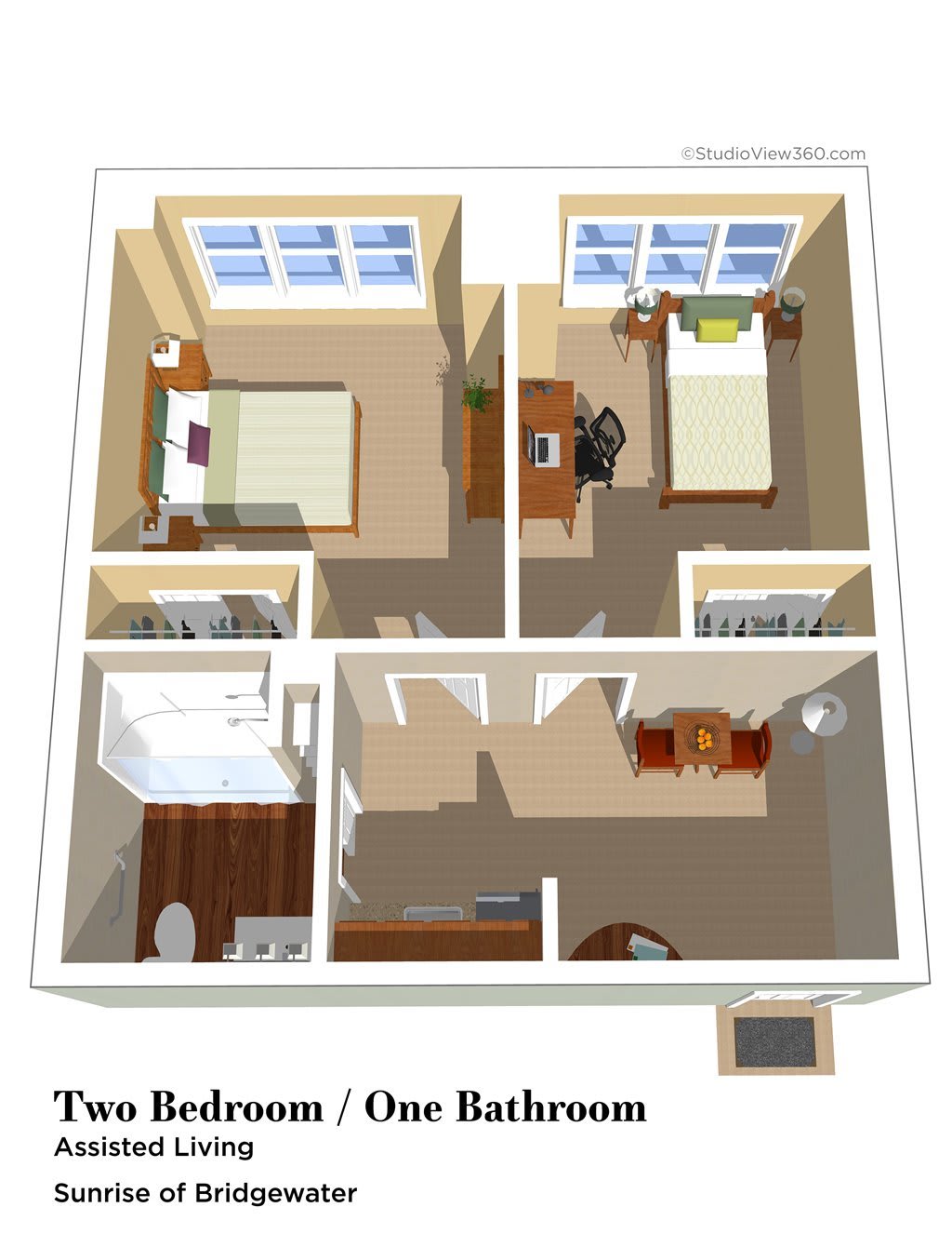 A 3D rendering of an apartment floor plan featuring two bedrooms, a bathroom, and various furnishings.