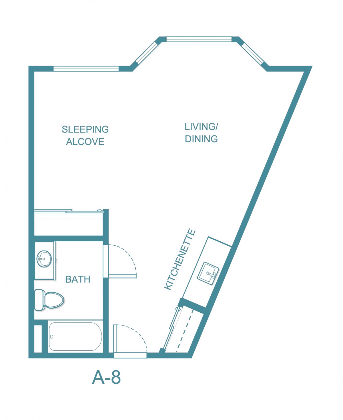 A layout of a studio apartment featuring a living/dining area, sleeping alcove, bathroom, and entryway.