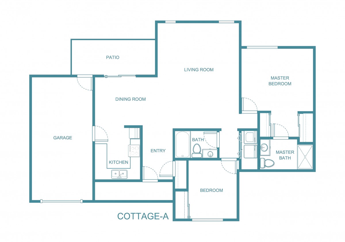 A floor plan for Cottage-A, showing the layout of different rooms including the kitchen, living room, and bedrooms.