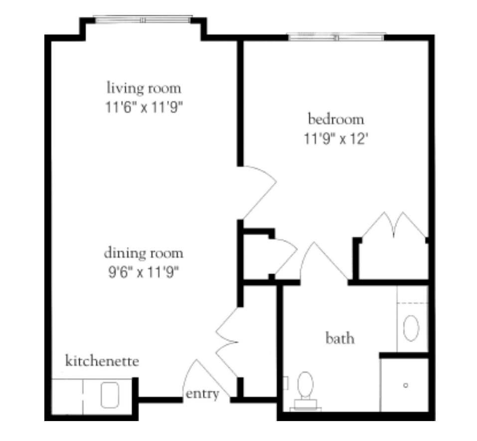 A floor plan layout for a one-bedroom apartment.