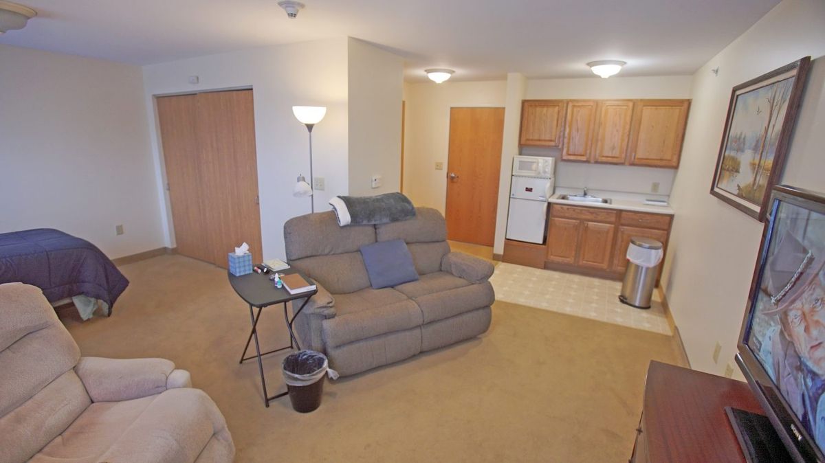 Cozy apartment living area with a sofa and open kitchen space.
