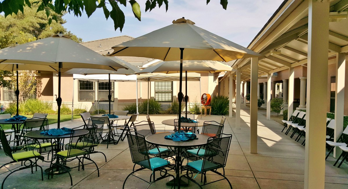 A sunny courtyard with tables and chairs under large umbrellas.