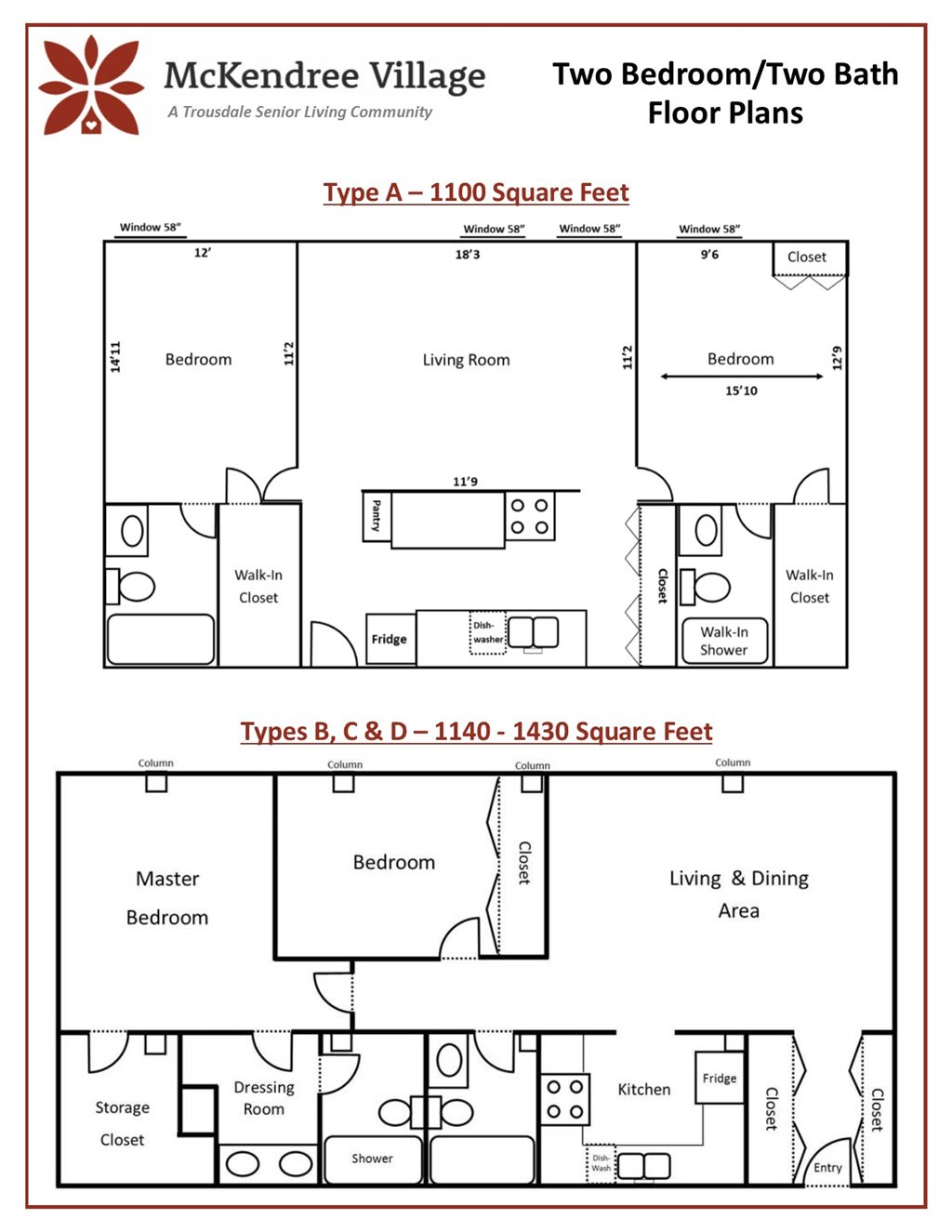 Architectural floor plans for different apartment types highlighting room arrangements and dimensions.