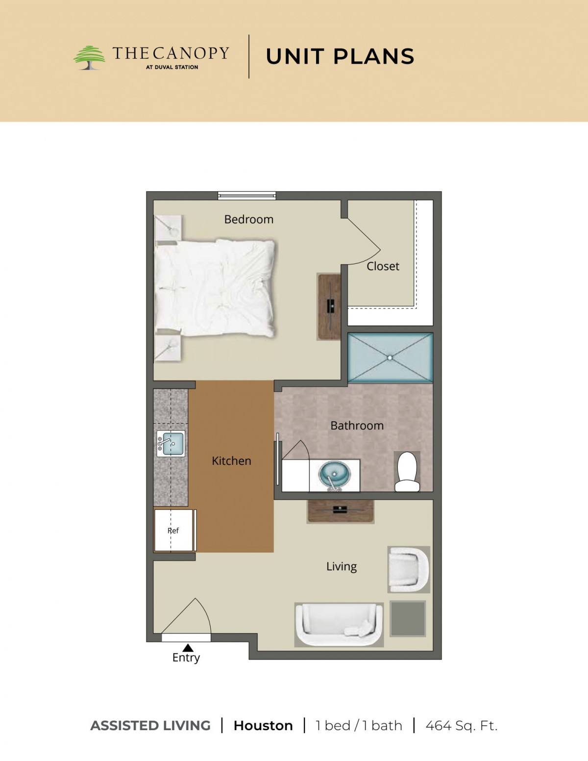 One-bedroom apartment floor plan with living room, kitchen, and bathroom.