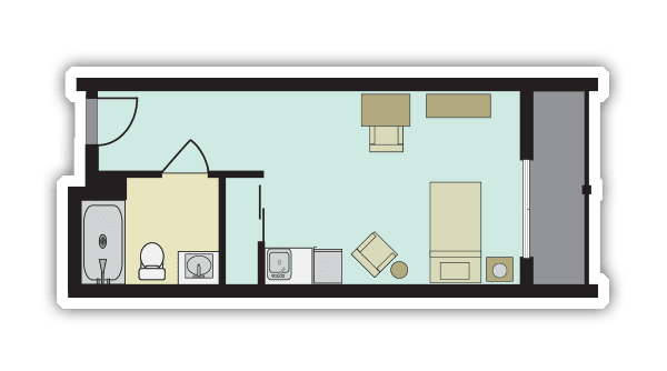 A simple floor plan featuring a small apartment layout with a bedroom, bathroom, and living area.